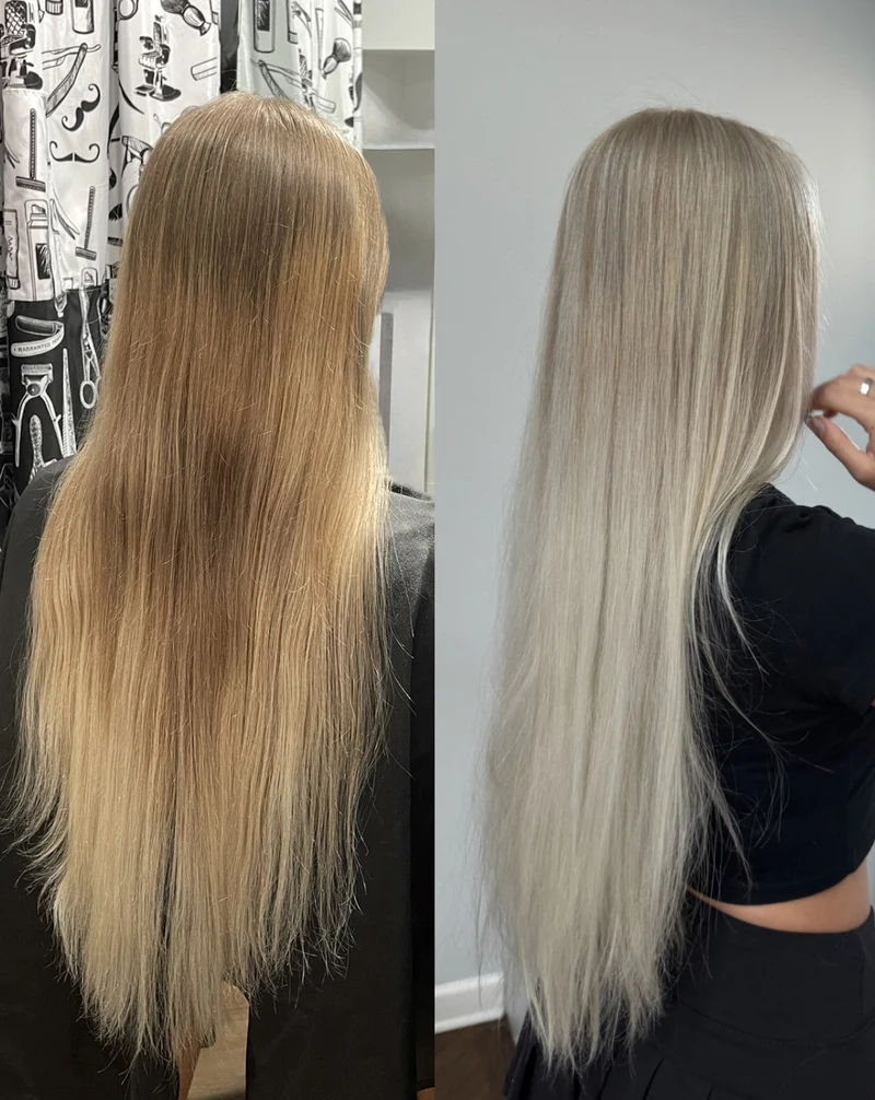 Before and after blonde color transformation by Liza G.