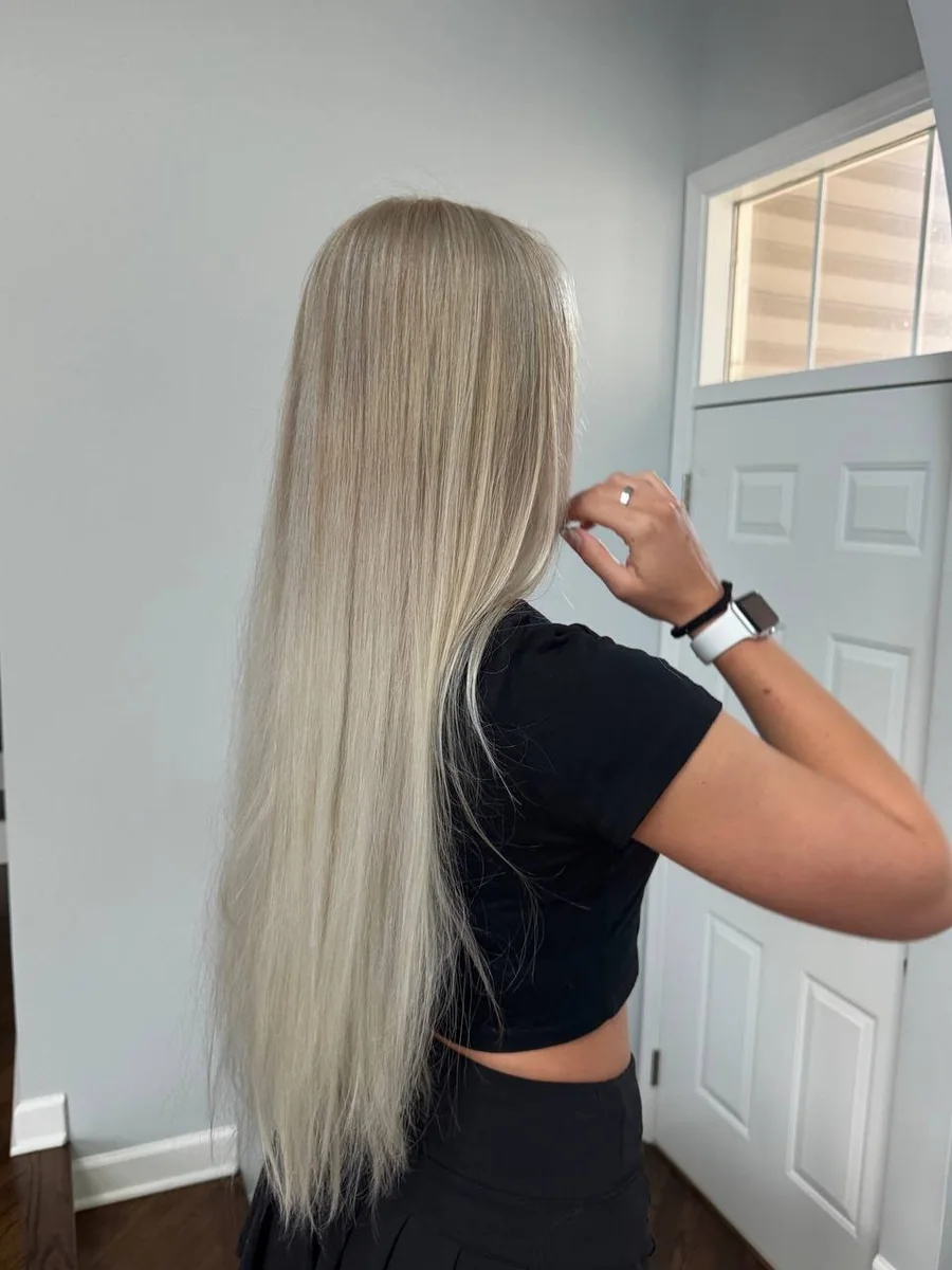 Long ash-blonde lived-in color by Liza G., Buffalo Grove IL