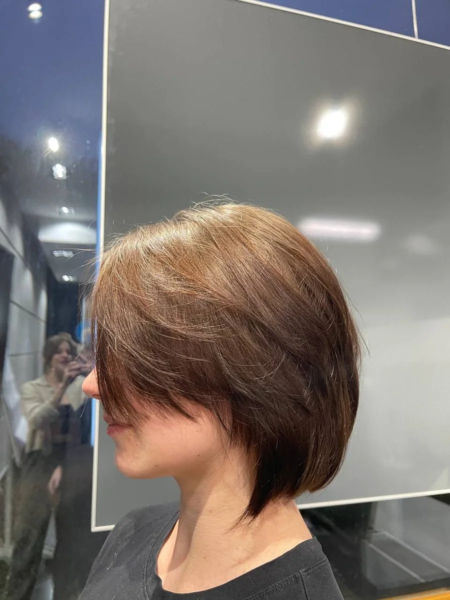 Textured chestnut bob with side fringe by Liza G., Buffalo Grove IL